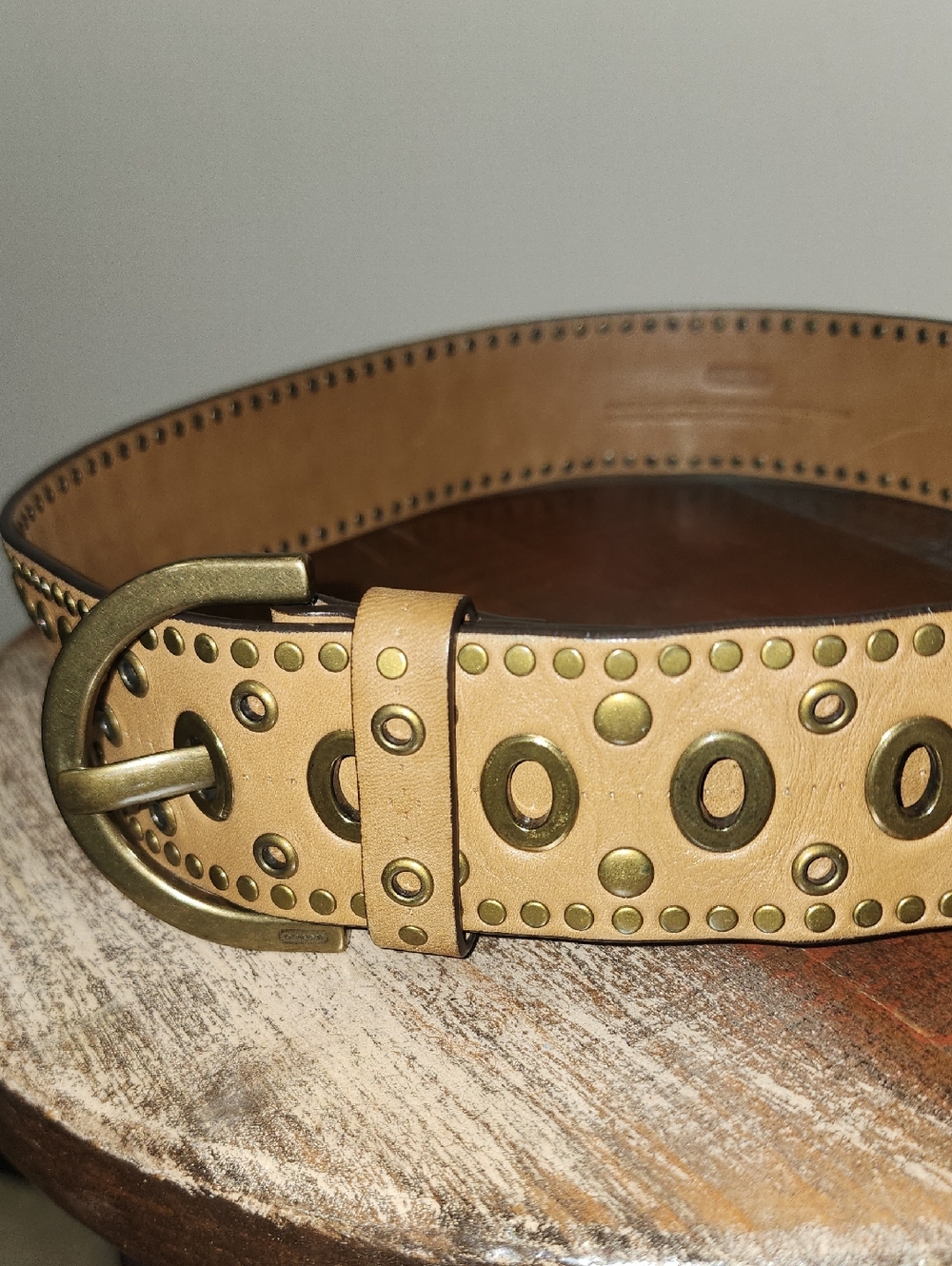 COACH Vintage Studded Tan Leather 2" Belt Antique Solid Brass Buckle Women Small - Picture 13 of 16